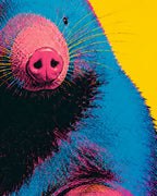 A close-up pop-art style illustration of a mole snout with bright blue, black, and yellow areas in a graphic, high-contrast design. By Wry Bird