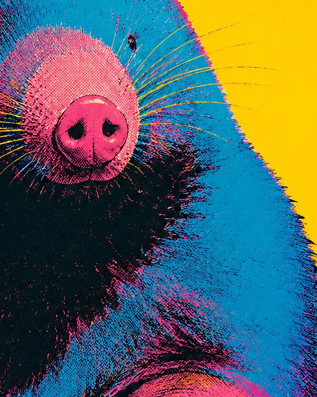A close-up pop-art style illustration of a mole snout with bright blue, black, and yellow areas in a graphic, high-contrast design. By Wry Bird
