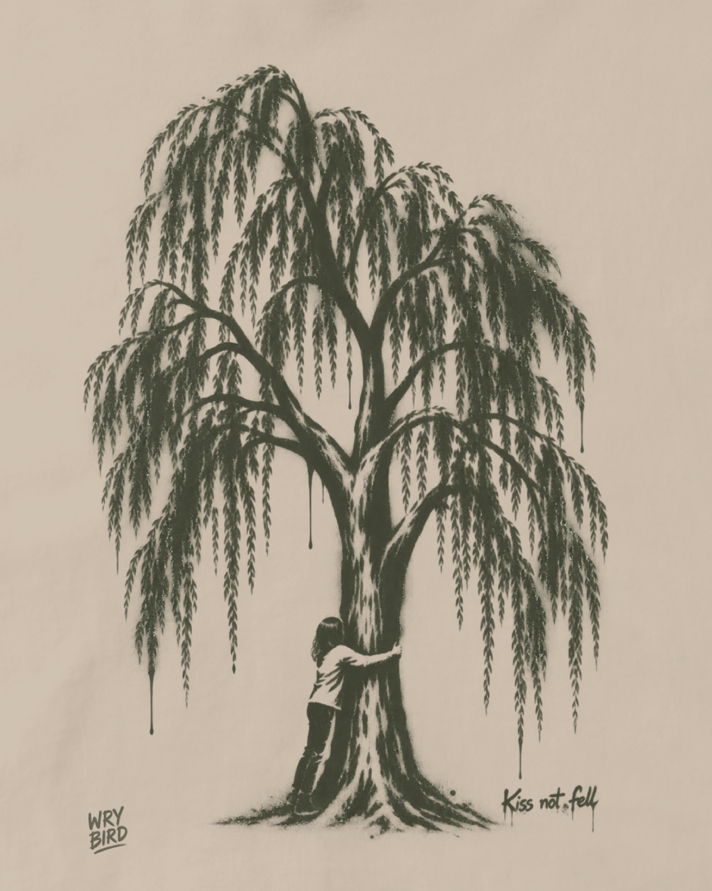 A black ink illustration on a warm beige background showing a large weeping tree with a person hugging its base. Signed 'Wry Bird' at lower left and 'Kiss not fell' at lower right.