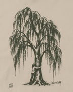 A black ink illustration on a warm beige background showing a large weeping tree with a person hugging its base. Signed 'Wry Bird' at lower left and 'Kiss not fell' at lower right.