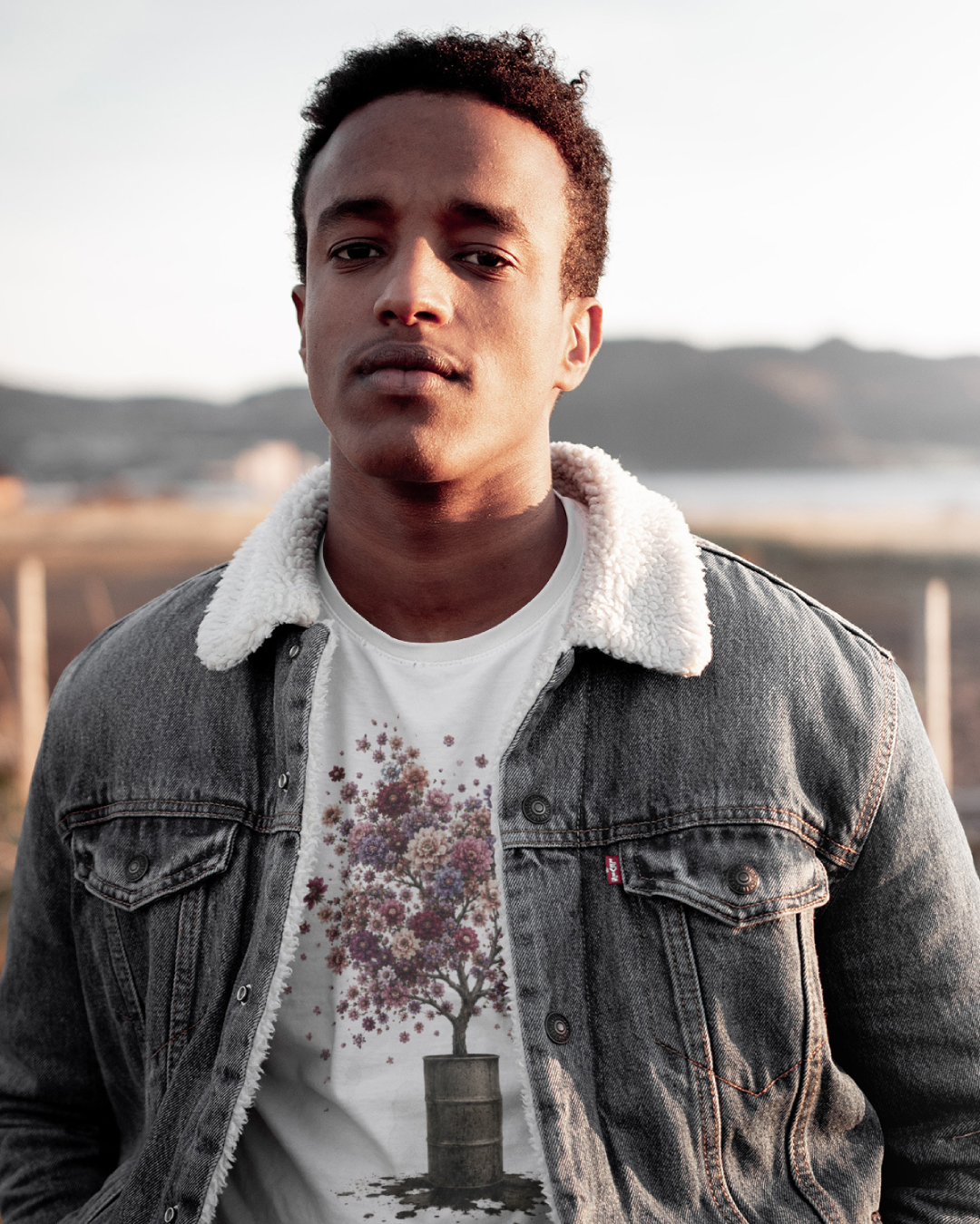 A man wearing a gray denim jacket with a white sherpa collar over a white Wry Bird graphic t-shirt, photographed outdoors against a softly blurred background.