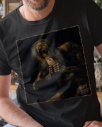 A man wearing a black Wry Bird t-shirt with a square graphic print of Goya's Saturn holding a burrito.