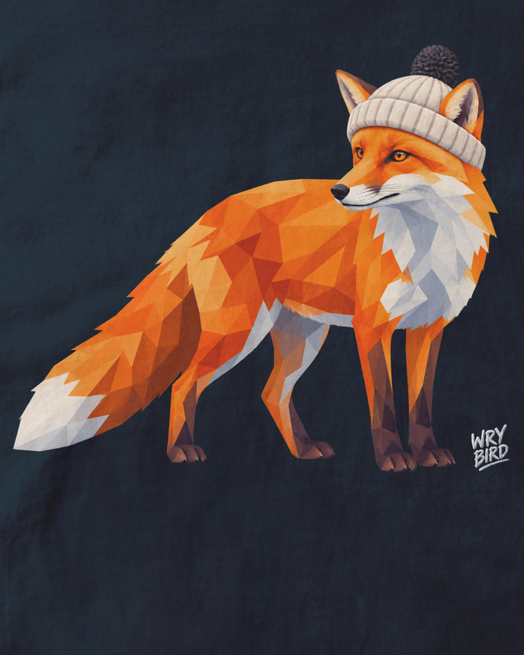 A stylized geometric fox illustration wearing a cream knit beanie with a dark pom-pom, shown on a dark navy background. The artist signature 'Wry Bird' appears in the lower right.