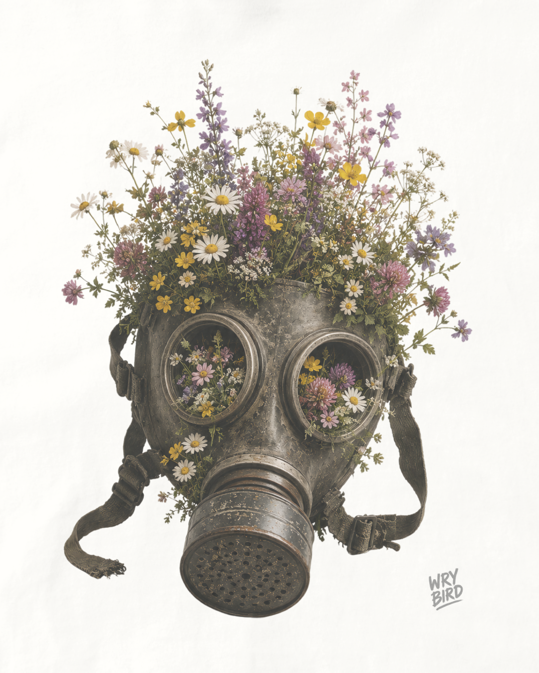 A surreal illustration of an old gas mask filled with colorful wildflowers, set against a plain white background with the artist signature 'Wry Bird' in the lower right.