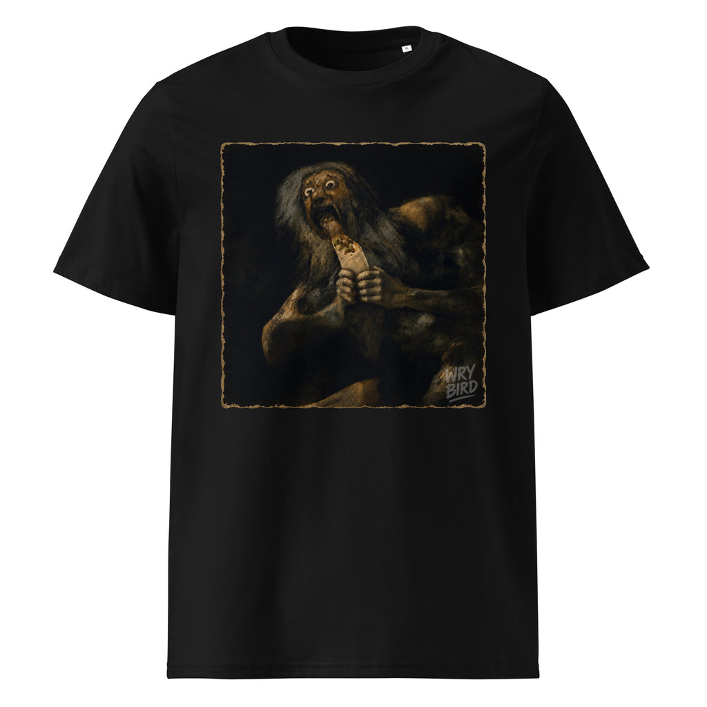 A black Wry Bird short-sleeve crewneck t-shirt featuring a square graphic print of Goya's Saturn holding a Burrito.