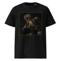 A black Wry Bird short-sleeve crewneck t-shirt featuring a square graphic print of Goya's Saturn holding a Burrito.