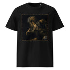 A black Wry Bird short-sleeve crewneck t-shirt featuring a square graphic print of Goya's Saturn holding a Burrito.