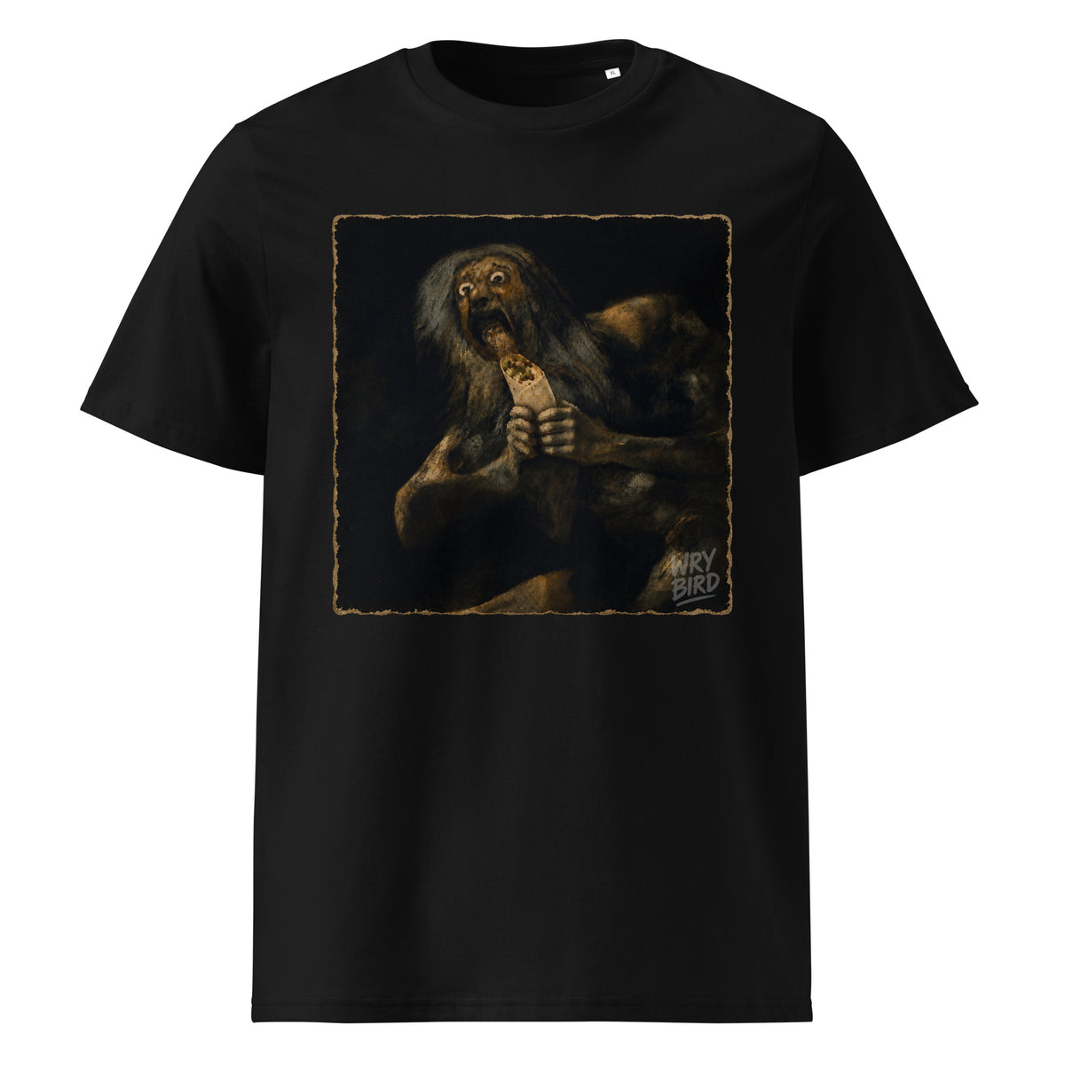 A black Wry Bird short-sleeve crewneck t-shirt featuring a square graphic print of Goya's Saturn holding a Burrito.