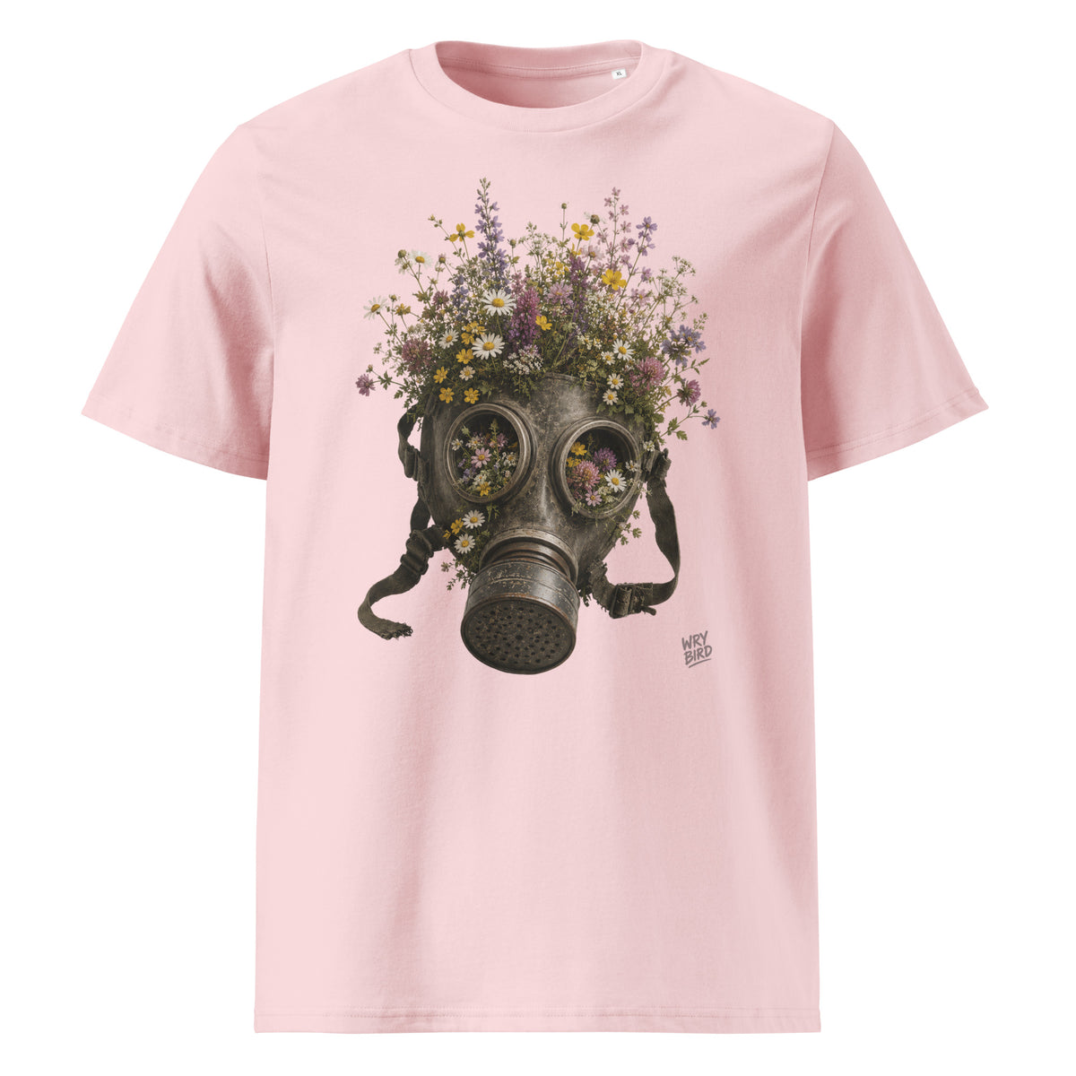 A light pink short-sleeve crewneck t-shirt featuring a Wry Bird graphic print of a vintage gas mask filled with colorful wildflowers, shown against a plain white background.