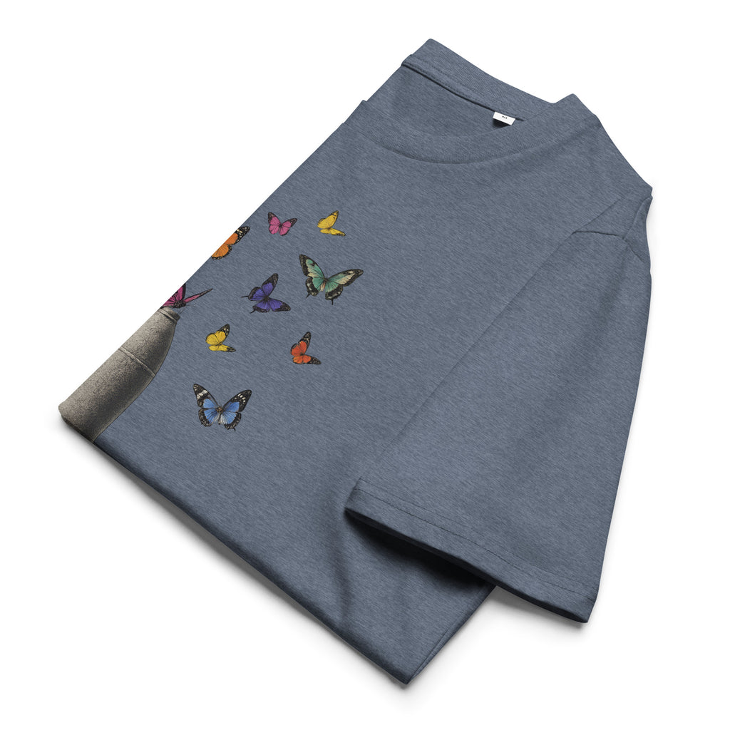 A folded heather gray t-shirt featuring a colorful butterfly print on the front, displayed on a clean white background.