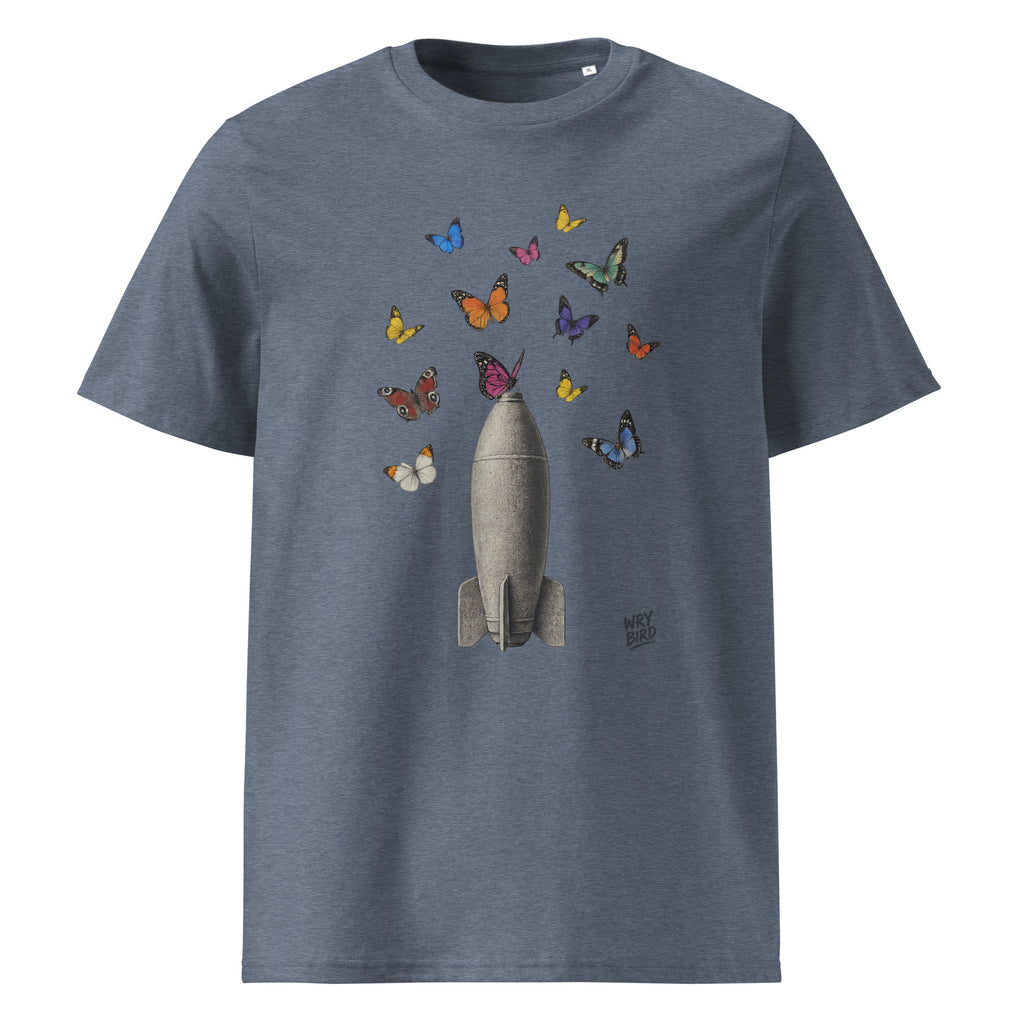 A heathered slate blue crewneck t-shirt featuring a graphic of a gray rocket ship surrounded by colorful butterflies, shown against a plain white background.