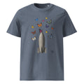 A heathered slate blue crewneck t-shirt featuring a graphic of a gray rocket ship surrounded by colorful butterflies, shown against a plain white background.