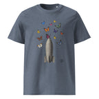 A heathered slate blue crewneck t-shirt featuring a graphic of a gray rocket ship surrounded by colorful butterflies, shown against a plain white background.