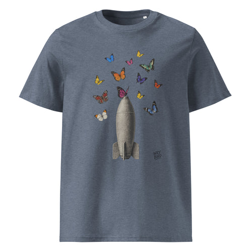 A heathered slate blue crewneck t-shirt featuring a graphic of a gray rocket ship surrounded by colorful butterflies, shown against a plain white background.