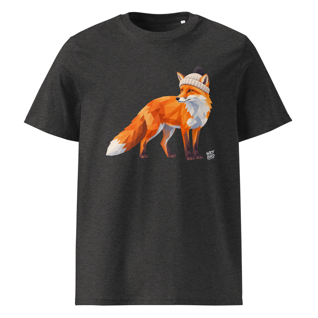A dark heather gray crewneck Wry Bird t-shirt featuring a graphic print of a stylized orange fox wearing a beige knit beanie with a black pom-pom, shown against a plain white background.