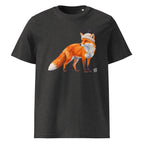 A dark heather gray crewneck Wry Bird t-shirt featuring a graphic print of a stylized orange fox wearing a beige knit beanie with a black pom-pom, shown against a plain white background.