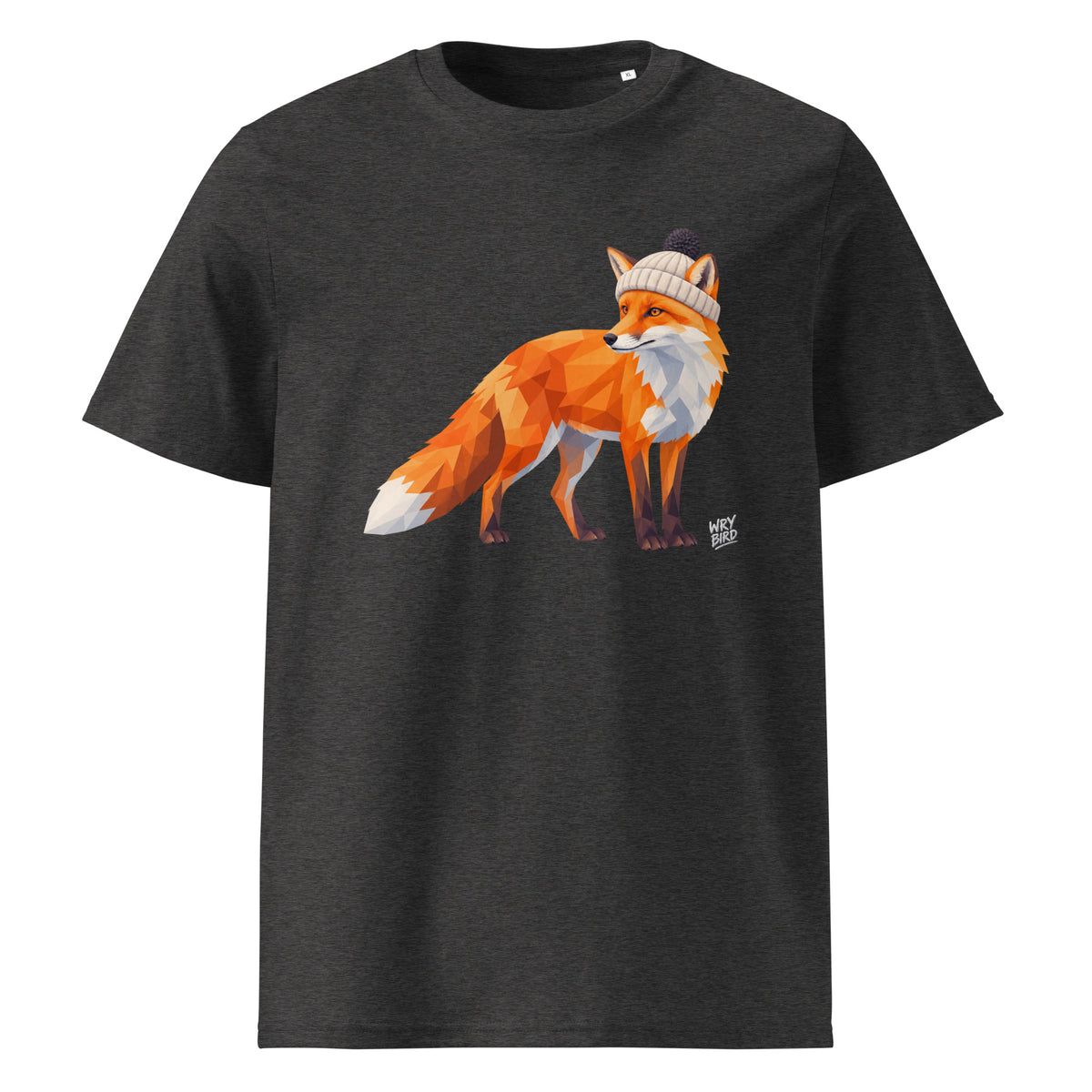 A dark heather gray crewneck Wry Bird t-shirt featuring a graphic print of a stylized orange fox wearing a beige knit beanie with a black pom-pom, shown against a plain white background.