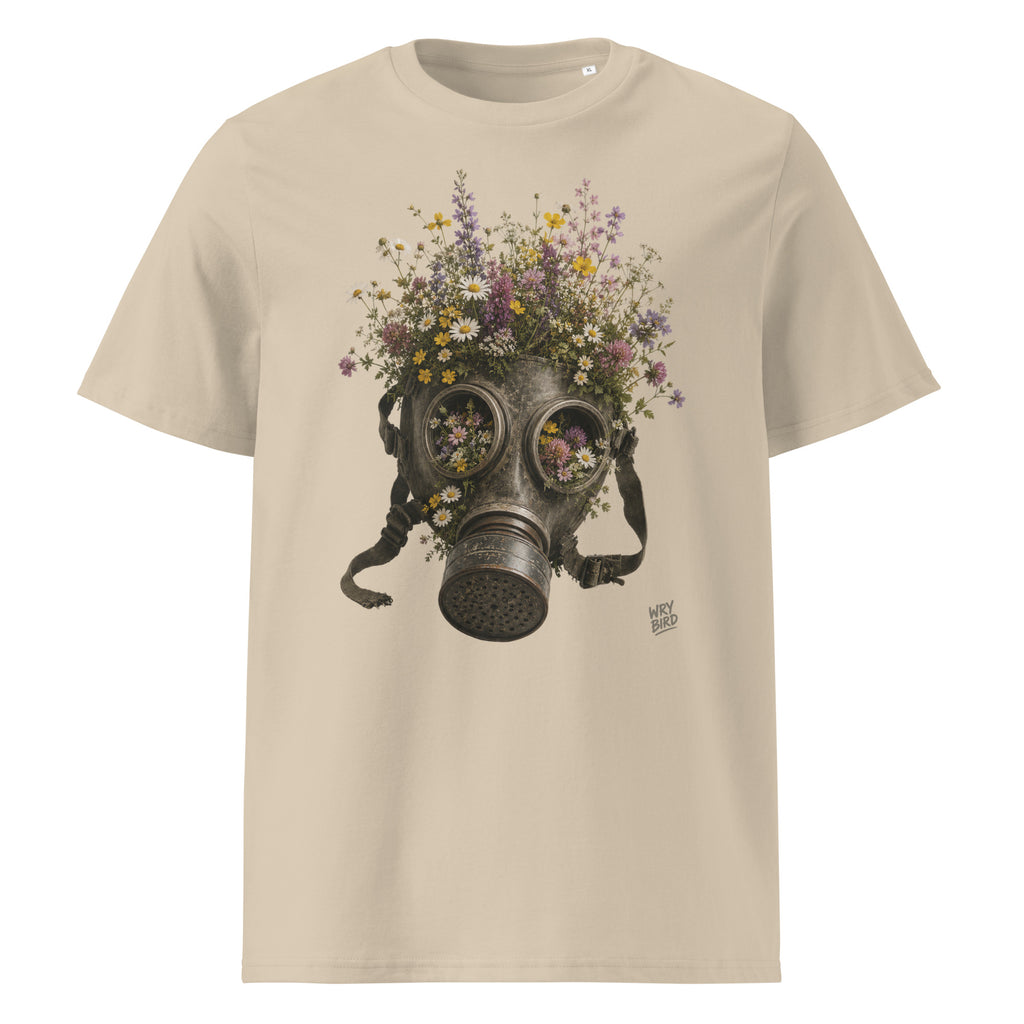 A beige crewneck t-shirt featuring a Wry Bird graphic print of a dark metal gas mask filled with an assortment of colorful wildflowers, shown against a plain white background.