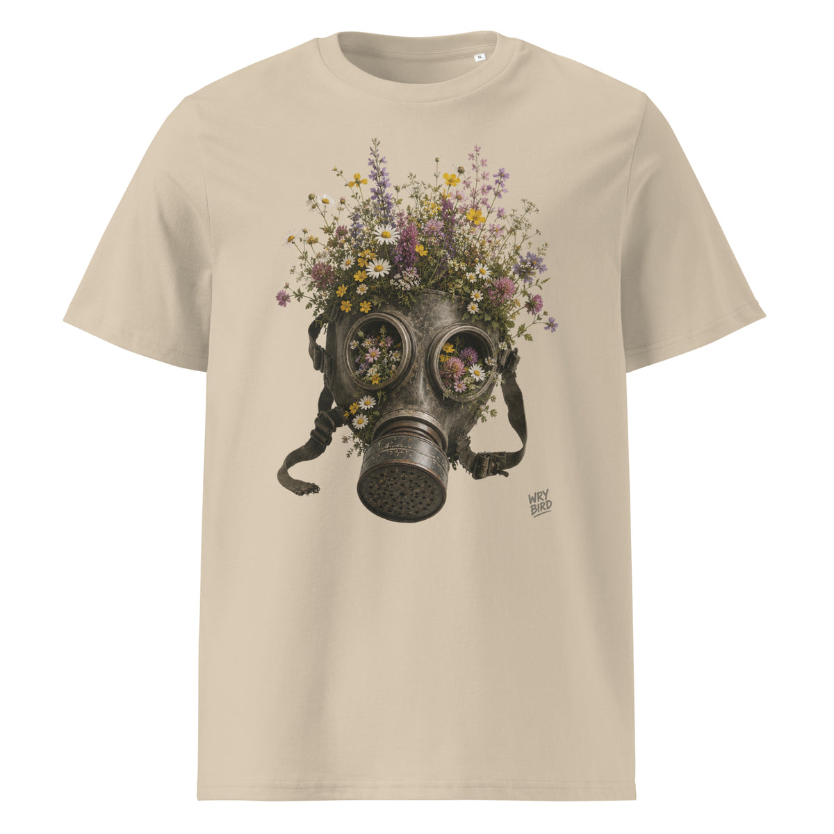 A beige crewneck t-shirt featuring a Wry Bird graphic print of a dark metal gas mask filled with an assortment of colorful wildflowers, shown against a plain white background.