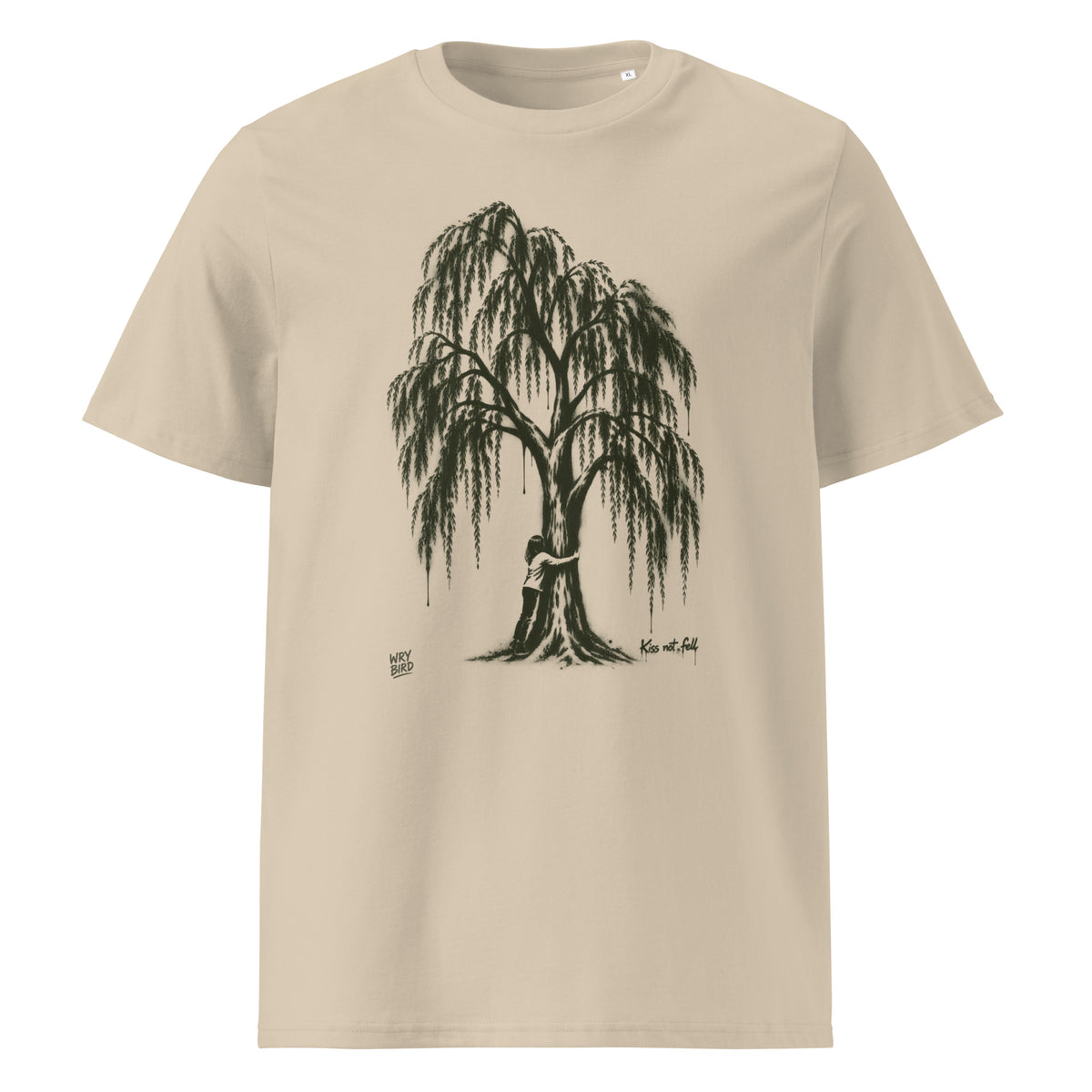 A beige short-sleeve crewneck t-shirt featuring a black ink-style graphic of a weeping tree with a hugging figure at its base, shown against a plain white background.