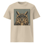 A beige short-sleeve Wry Bird crewneck t-shirt featuring a square graphic print of an owl wearing eye test glasses, set against a muted blue-gray background. 