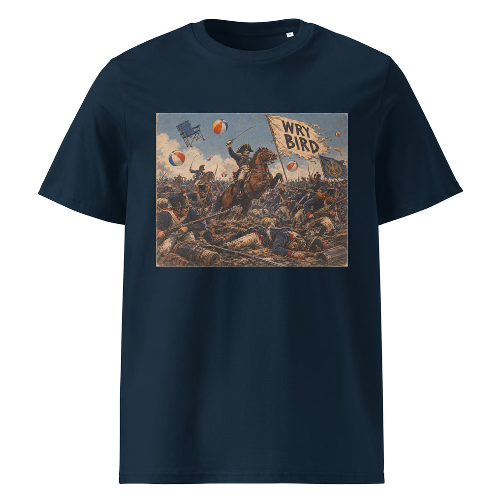 A navy blue short-sleeve crewneck t-shirt featuring a large rectangular graphic print on the chest. The graphic is a vintage-style illustration depicting a soldier on horseback in a battle scene with a banner reading 'WRY BIRD' and colorful balloons.
