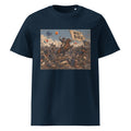 A navy blue short-sleeve crewneck t-shirt featuring a large rectangular graphic print on the chest. The graphic is a vintage-style illustration depicting a soldier on horseback in a battle scene with a banner reading 'WRY BIRD' and colorful balloons.
