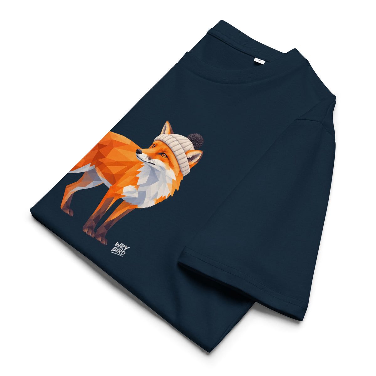 A navy blue long-sleeve Wry Bird t-shirt with a stylized geometric fox graphic wearing a beige knit beanie, displayed on a clean white background.