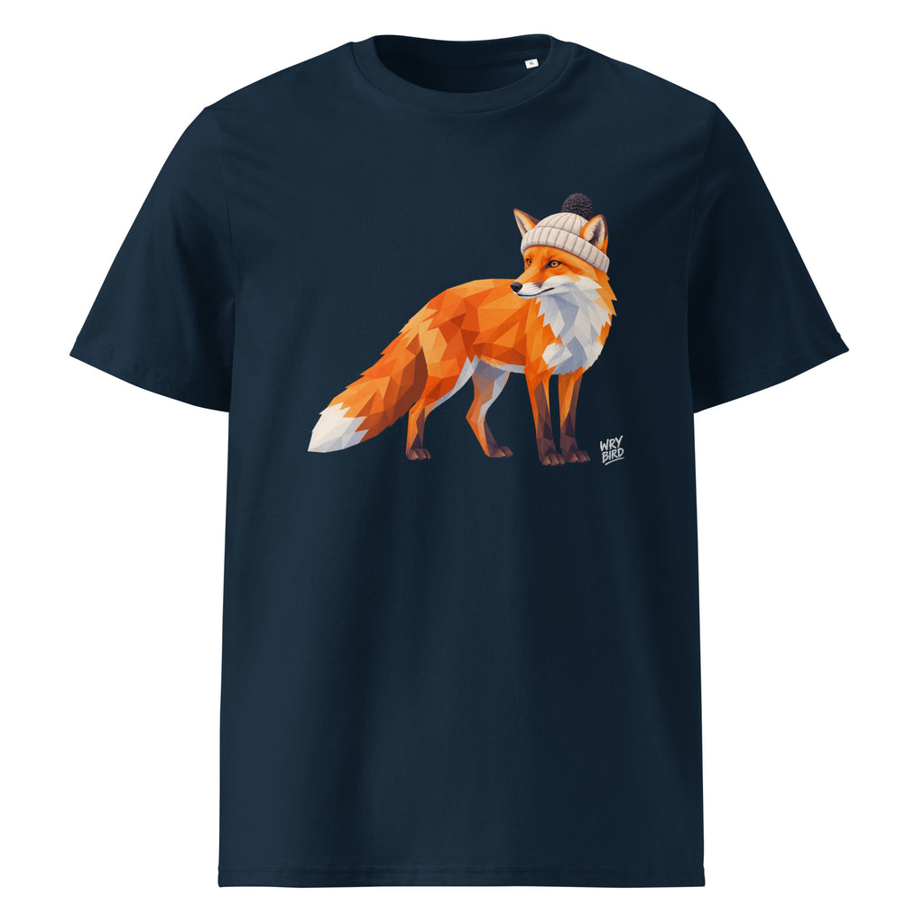 A navy blue short-sleeve crewneck Wry Bird t-shirt featuring a graphic illustration of an orange fox wearing a beige knit beanie, displayed against a solid white background.