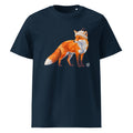 A navy blue short-sleeve crewneck Wry Bird t-shirt featuring a graphic illustration of an orange fox wearing a beige knit beanie, displayed against a solid white background.