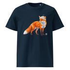 A navy blue short-sleeve crewneck Wry Bird t-shirt featuring a graphic illustration of an orange fox wearing a beige knit beanie, displayed against a solid white background.