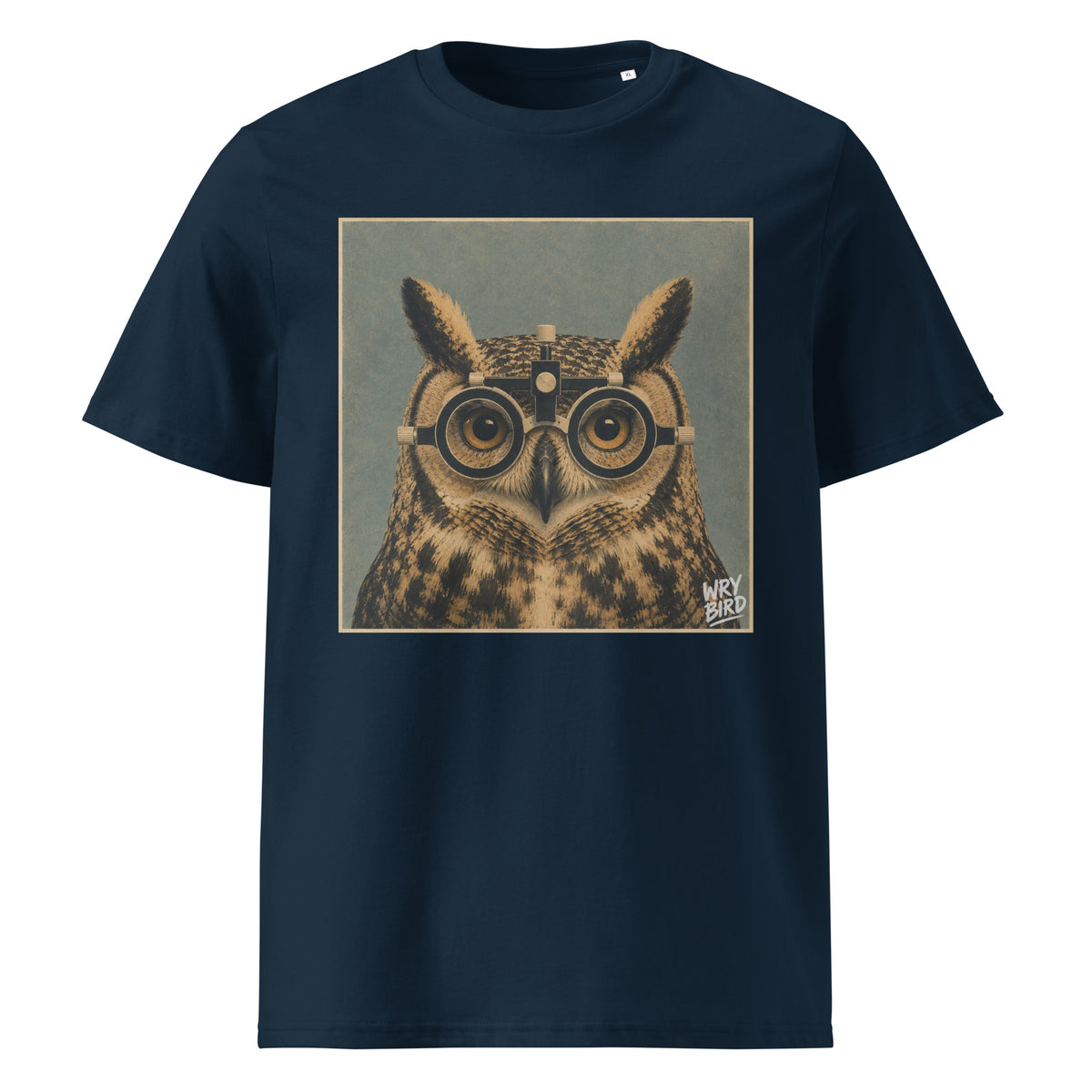 A navy blue Wry Bird short-sleeve crewneck t-shirt featuring a square graphic print of an owl wearing eye test glasses on a muted blue-gray background. The graphic has a vintage sepia-toned look.