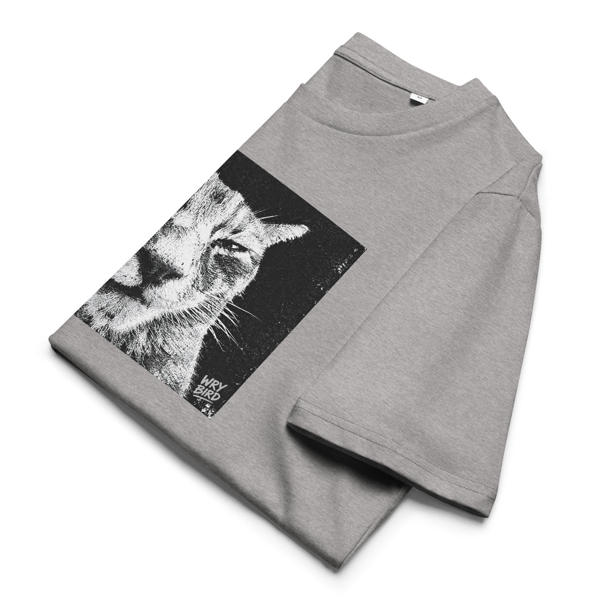 A folded heather gray Wry Bird t-shirt featuring a large black and white graphic print of a cat's face on the front, displayed on a clean white background.