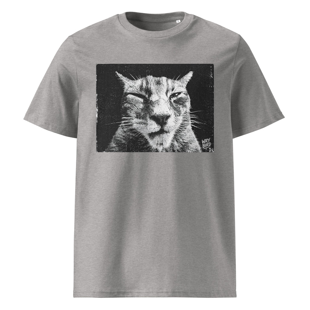 A heather gray short-sleeve crewneck Wry Bird t-shirt featuring a black and white graphic print of a cat's face on the chest, displayed against a solid white background.