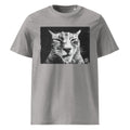 A heather gray short-sleeve crewneck Wry Bird t-shirt featuring a black and white graphic print of a cat's face on the chest, displayed against a solid white background.