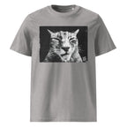 A heather gray short-sleeve crewneck Wry Bird t-shirt featuring a black and white graphic print of a cat's face on the chest, displayed against a solid white background.