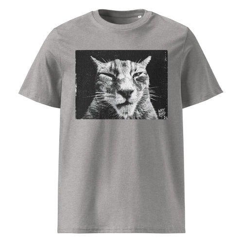 A heather gray short-sleeve crewneck Wry Bird t-shirt featuring a black and white graphic print of a cat's face on the chest, displayed against a solid white background.