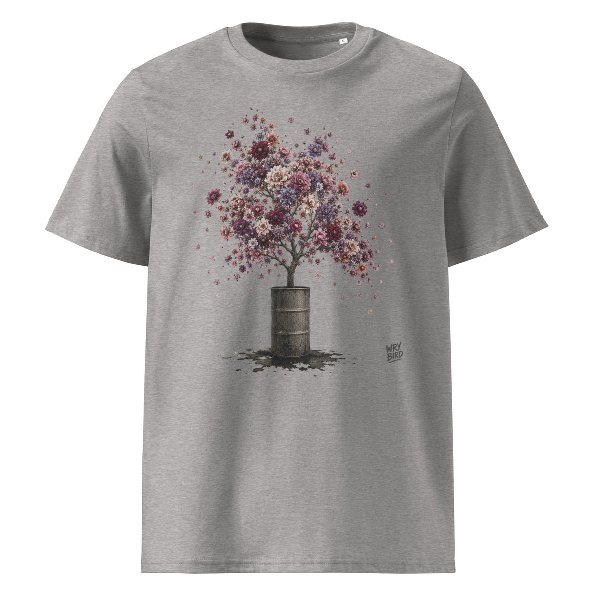 A heather gray Wry Bird short-sleeve crewneck t-shirt featuring a graphic print of a tree with colorful pink, purple, and white blossoms growing out of a dark barrel, shown against a plain white background.