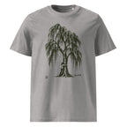 A heather gray short-sleeve crewneck t-shirt featuring a dark olive green graphic of a weeping tree with a silhouette of a person hugging its trunk, shown on a plain white background.