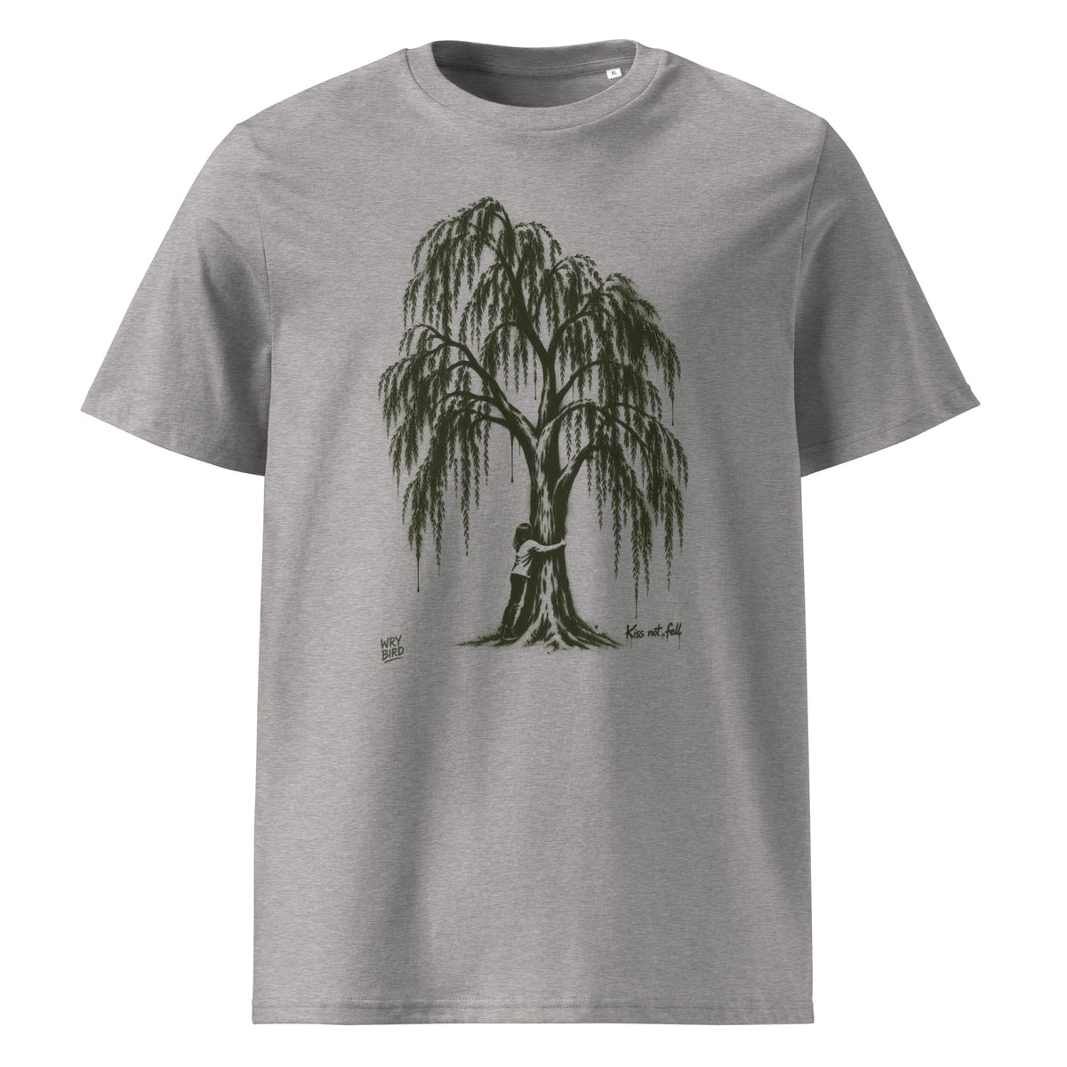 A heather gray short-sleeve crewneck t-shirt featuring a dark olive green graphic of a weeping tree with a silhouette of a person hugging its trunk, shown on a plain white background.