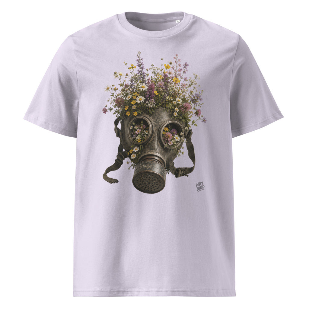 A light lavender crewneck Wry Bird t-shirt featuring a graphic print of a vintage gas mask filled with a dense bouquet of colorful wildflowers, shown against a plain white background.
