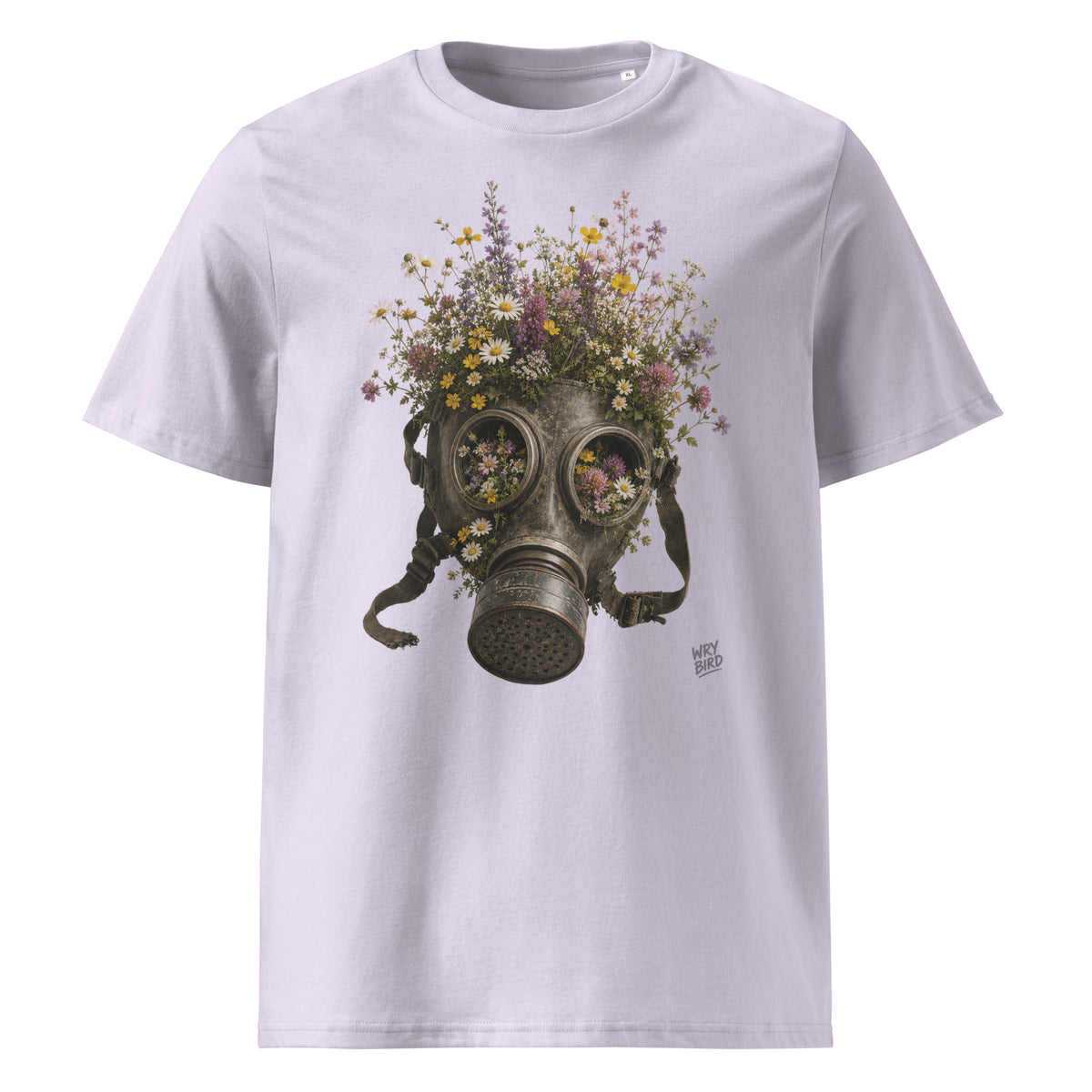 A light lavender crewneck Wry Bird t-shirt featuring a graphic print of a vintage gas mask filled with a dense bouquet of colorful wildflowers, shown against a plain white background.