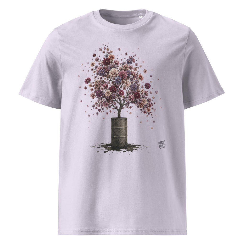 A light lavender crewneck t-shirt featuring a graphic Wry Bird print of a tree with a dark brown barrel trunk and a canopy of colorful, flower-like blossoms in shades of pink, purple, and red.
