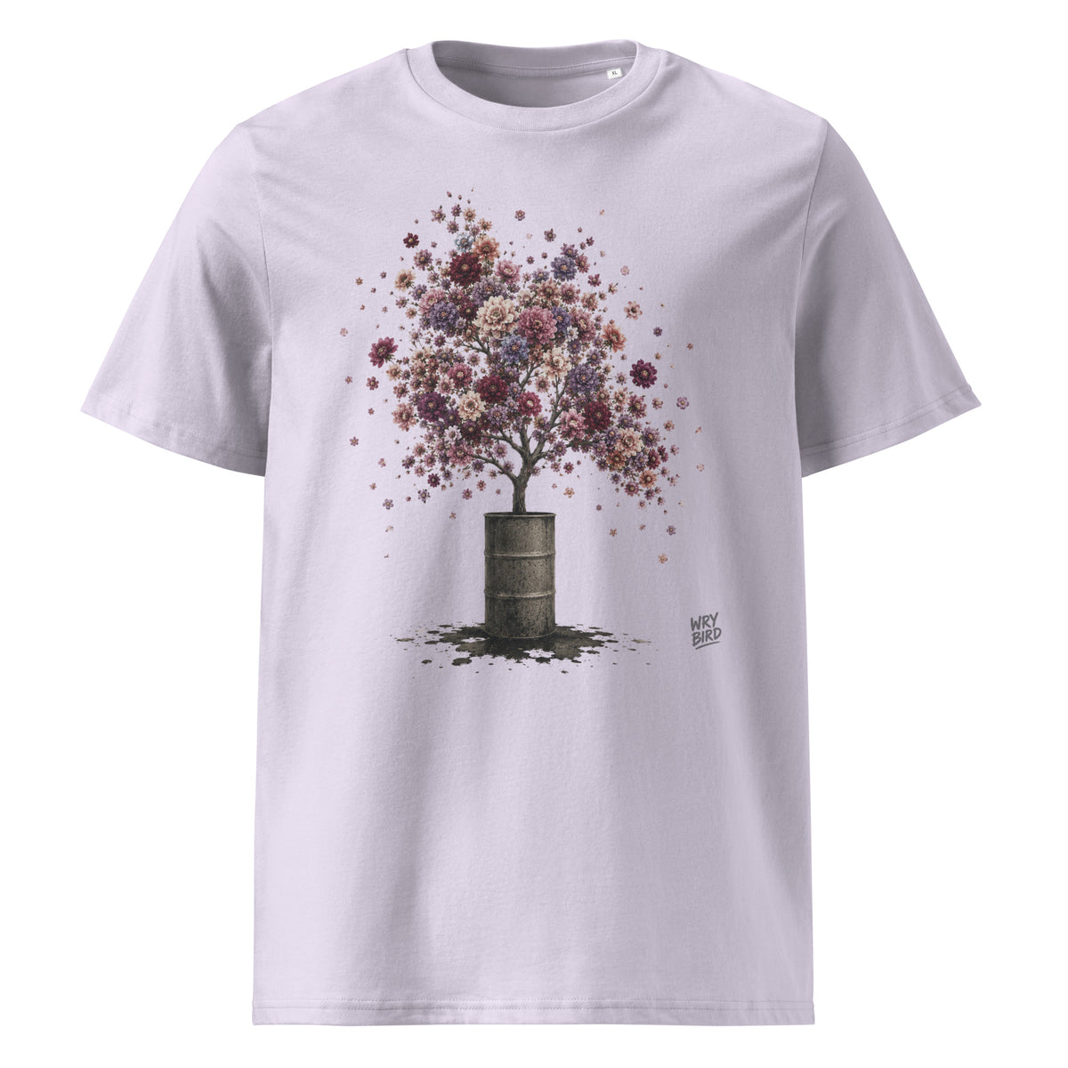 A light lavender crewneck t-shirt featuring a graphic Wry Bird print of a tree with a dark brown barrel trunk and a canopy of colorful, flower-like blossoms in shades of pink, purple, and red.
