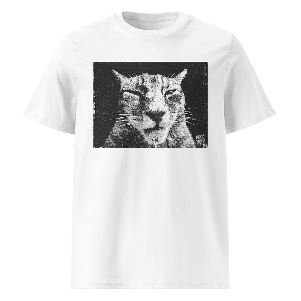 A white short-sleeve crewneck Wry Bird t-shirt featuring a black and white graphic print of a cat's face on the chest, displayed against a solid white background.