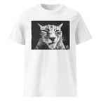 A white short-sleeve crewneck Wry Bird t-shirt featuring a black and white graphic print of a cat's face on the chest, displayed against a solid white background.