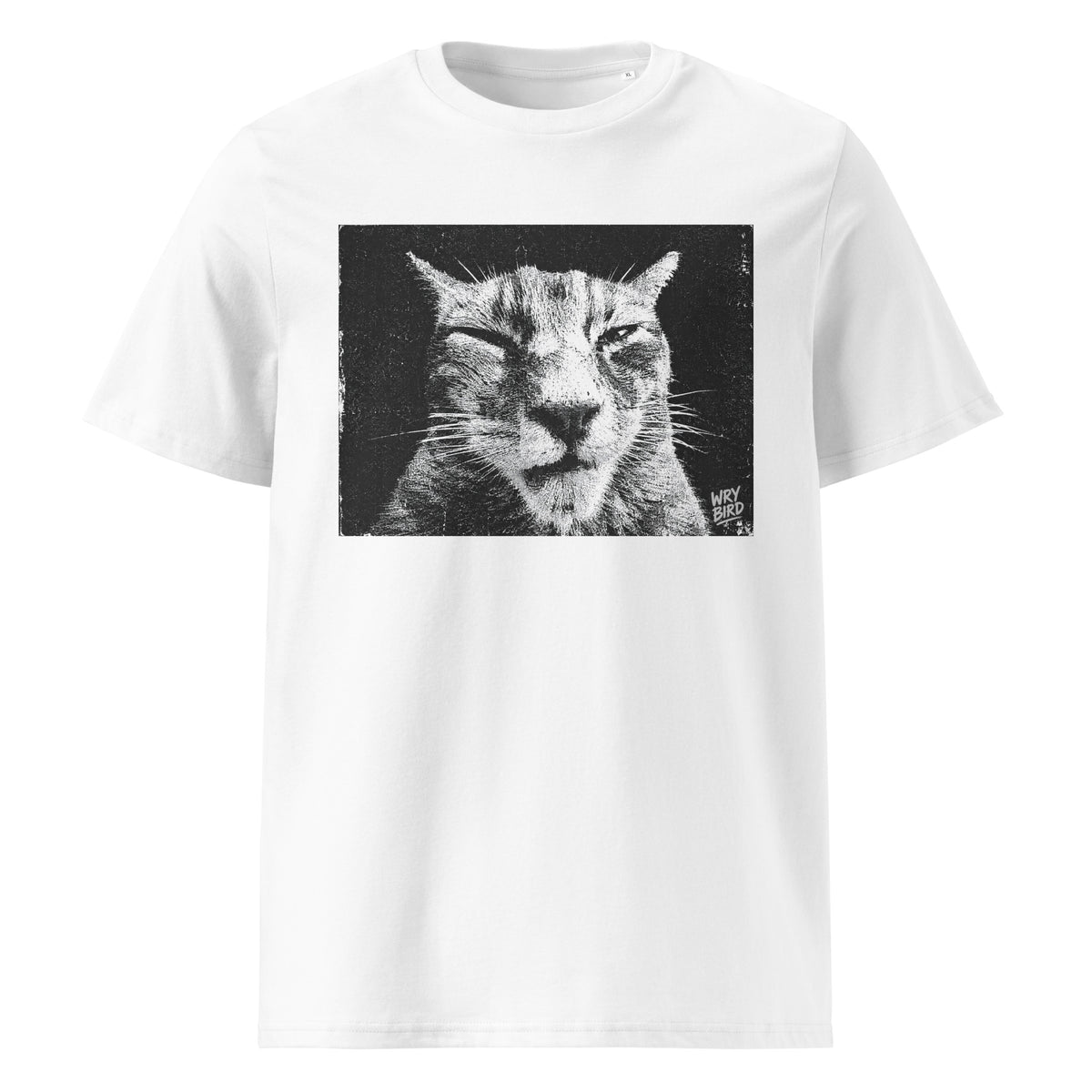 A white short-sleeve crewneck Wry Bird t-shirt featuring a black and white graphic print of a cat's face on the chest, displayed against a solid white background.