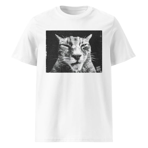 A white short-sleeve crewneck Wry Bird t-shirt featuring a black and white graphic print of a cat's face on the chest, displayed against a solid white background.