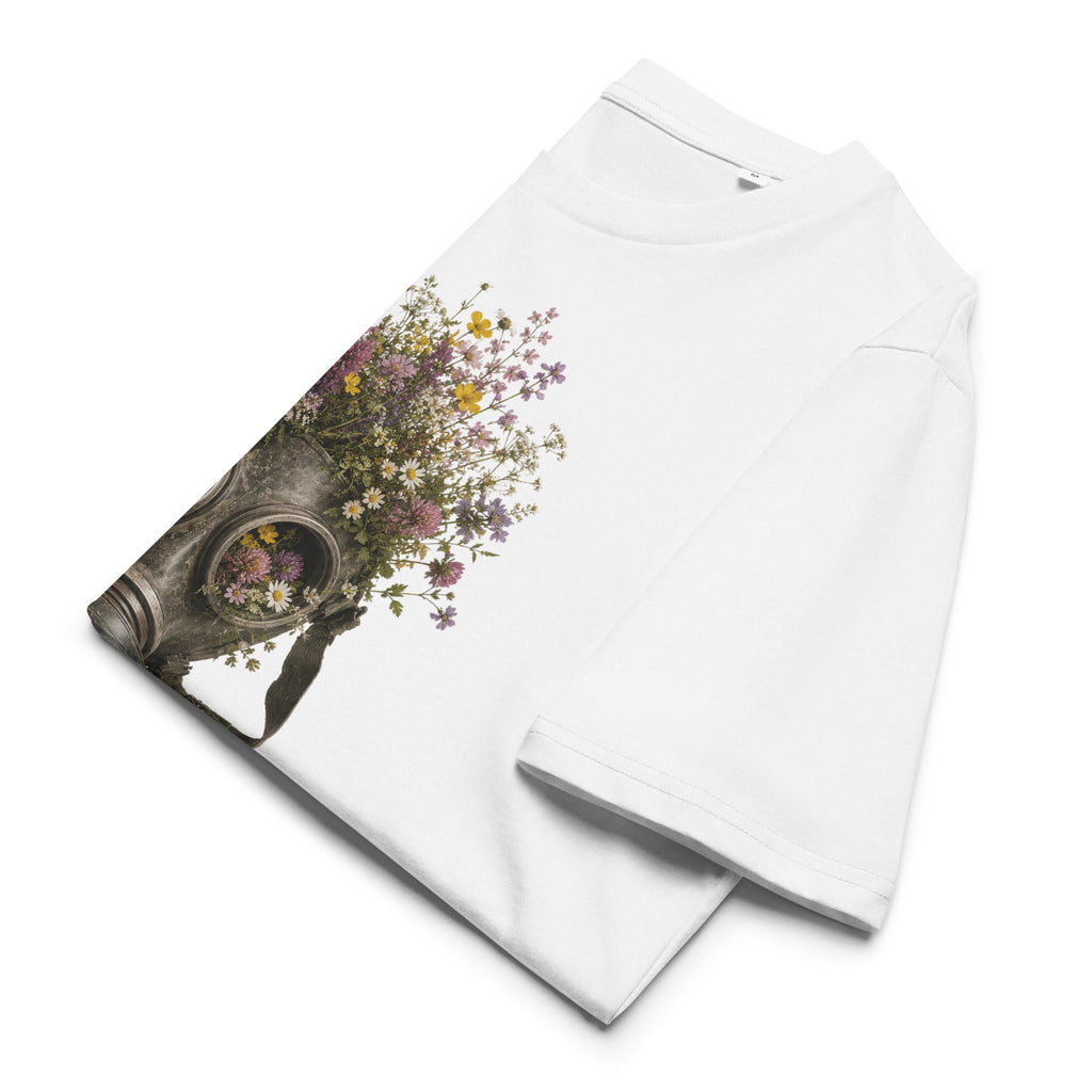 A white short-sleeve crewneck Wry Bird T-shirt laid flat on a white background, featuring a vintage-style graphic print of a metal canister overflowing with colorful wildflowers.