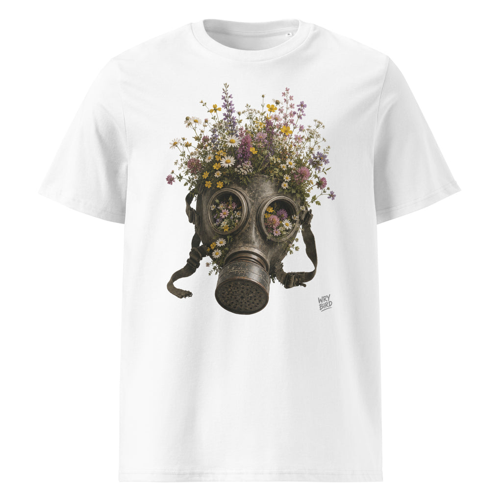 A white short-sleeve crewneck t-shirt featuring a Wry Bird graphic print of a vintage gas mask filled with an assortment of colorful wildflowers, shown against a plain white background.
